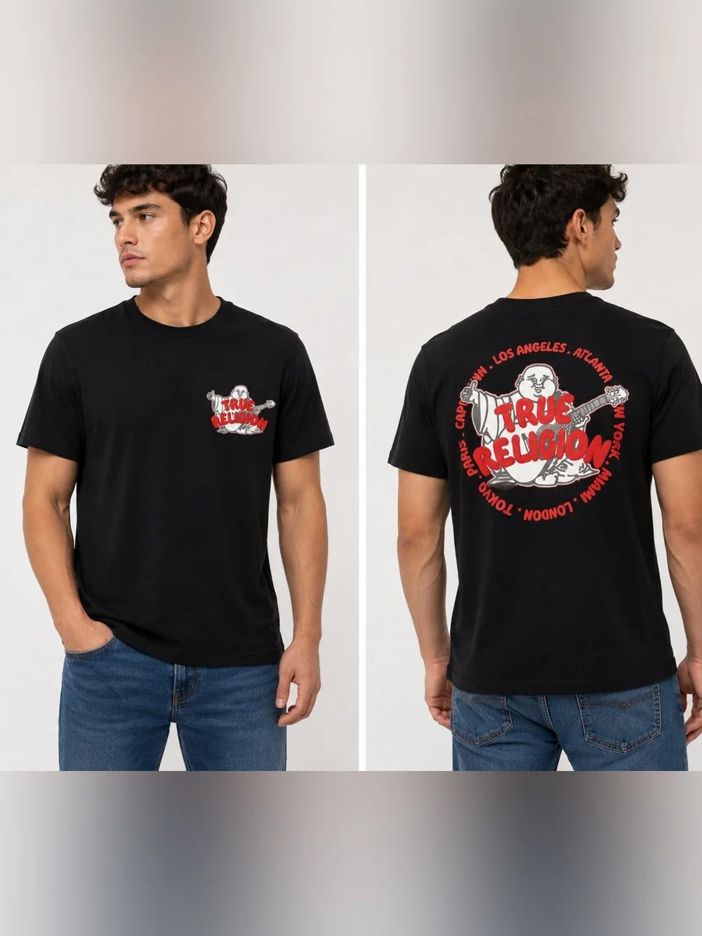 NWT True Religion Black Tee with Red & White Logo Graphics